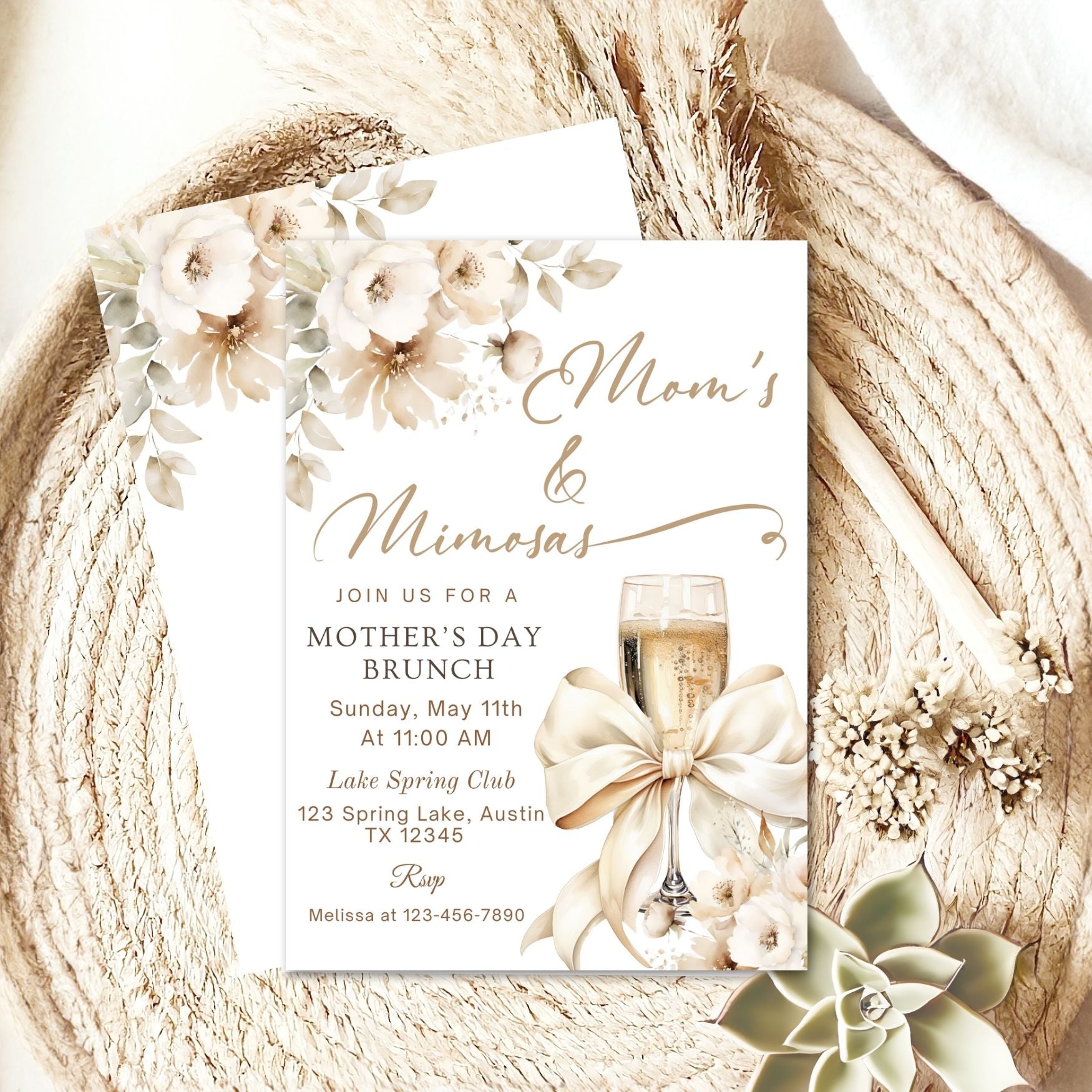 Elegant Mother's Day Brunch Invitation with Bow and Champagne