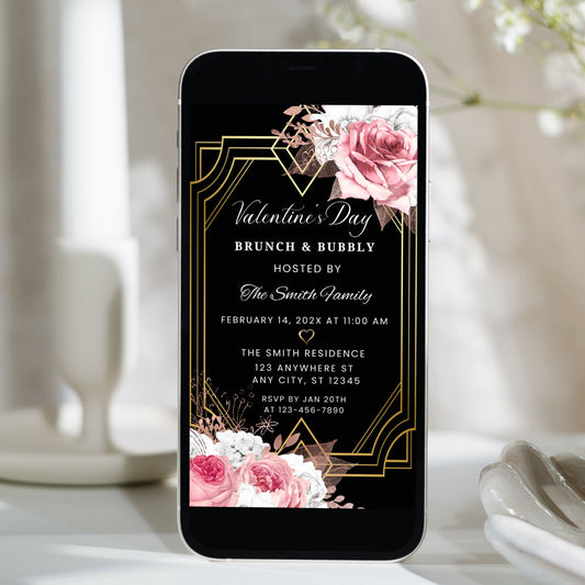 Art Deco Pink Floral Brunch and Bubbly Invite