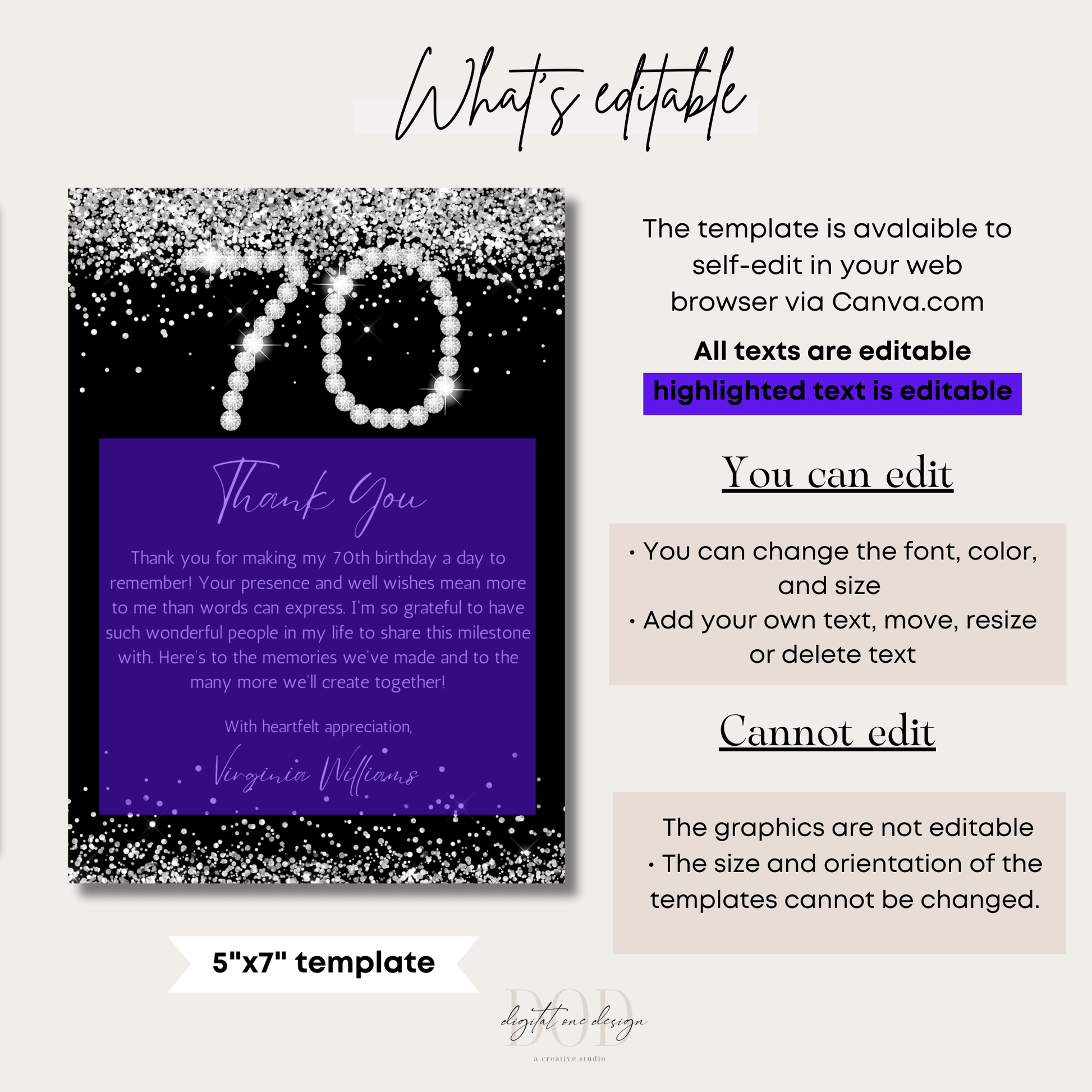 Printable thank you card 70th