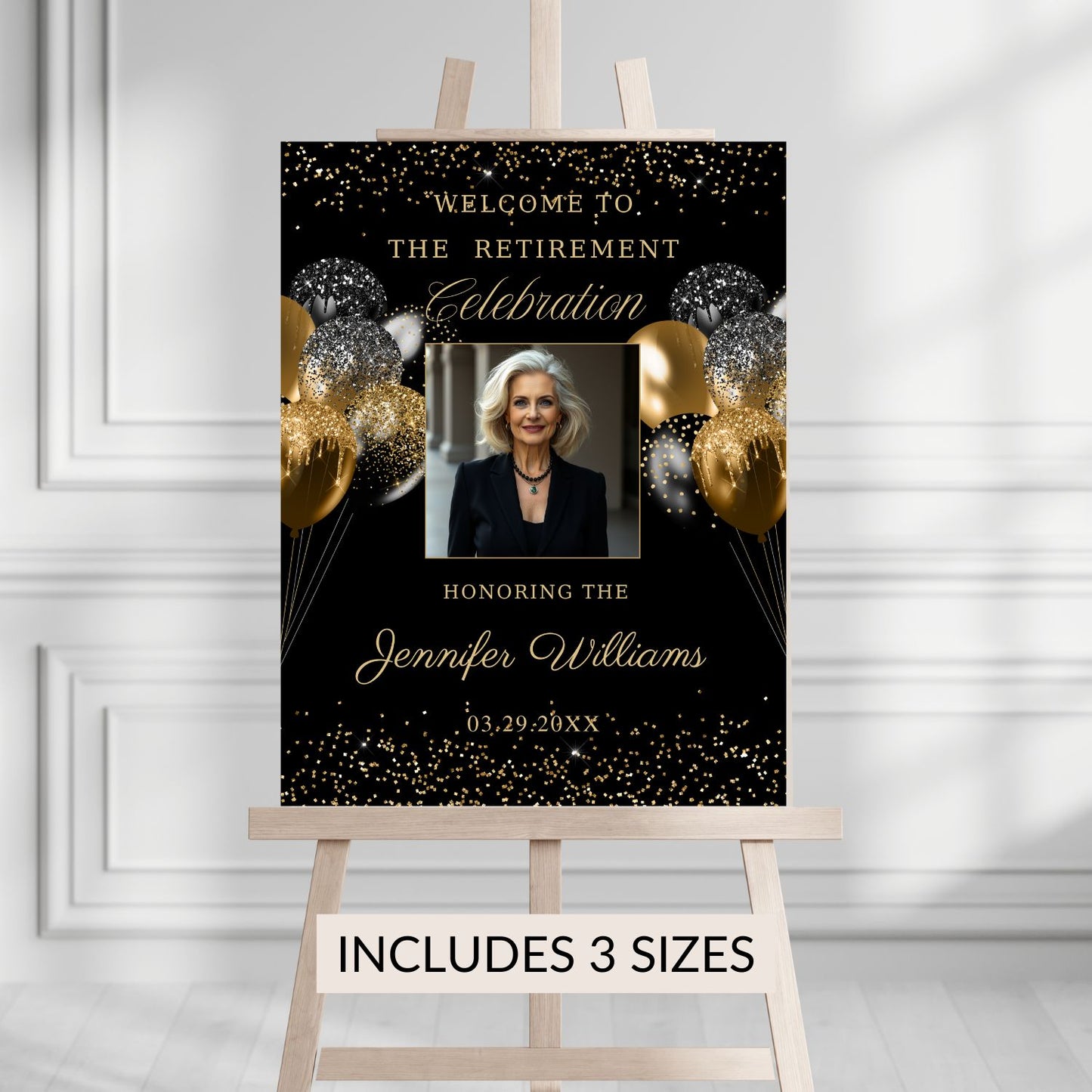 Editable Black and Gold Retirement Welcome Sign with photo