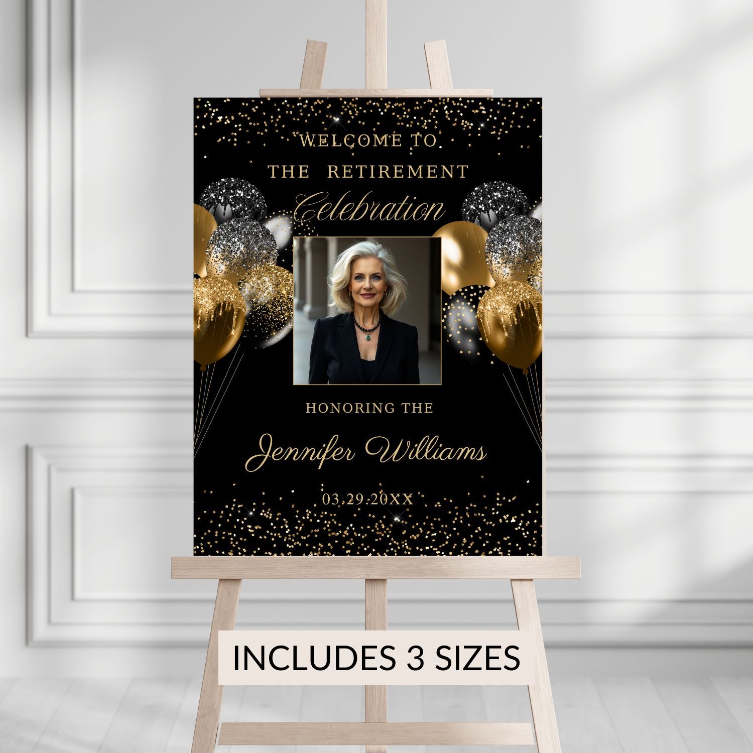Editable Black and Gold Retirement Welcome Sign with photo