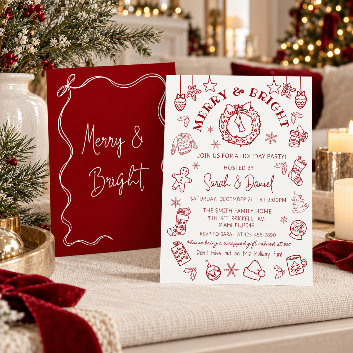 Whimsical Christmas Party Invitation Hand Drawn featuring festive holiday illustrations and party details.