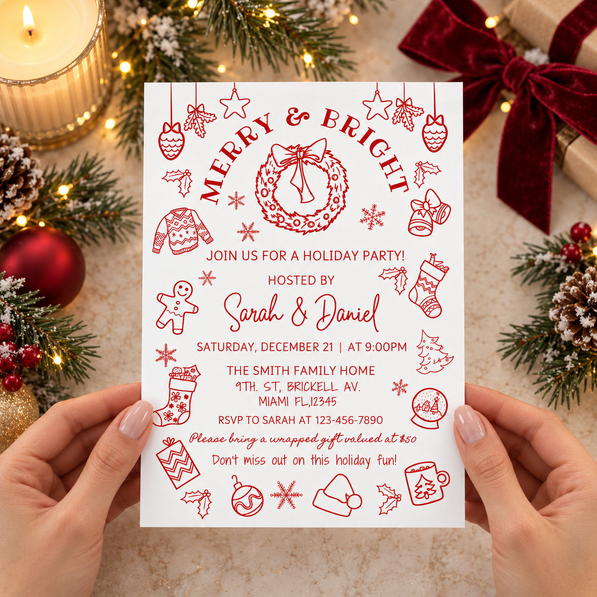 Whimsical Christmas Party Invitation Hand Drawn featuring Merry & Bright holiday designs and festive text.