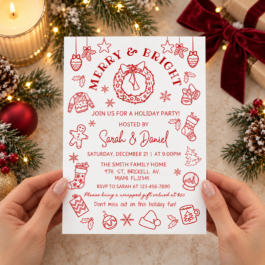 Whimsical Christmas Party Invitation Hand Drawn featuring Merry & Bright holiday designs and festive text.