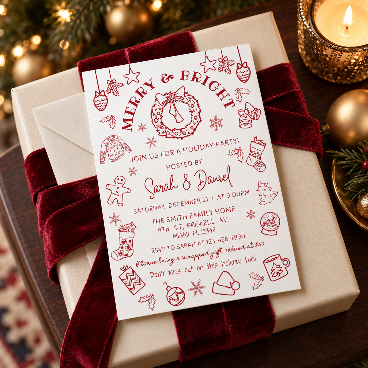 Whimsical Christmas Party Invitation Hand Drawn on a festive gift with seasonal decorations and holiday candles.