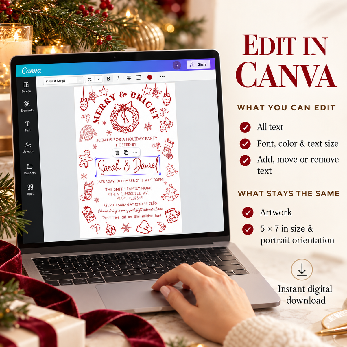 Whimsical Christmas Party Invitation Hand Drawn displayed on a laptop with editing options in Canva.