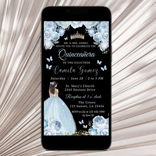 Elegant Dusty Blue Quinceañera Invitation, Mis Quince 15 Años Baby Blue Floral Princess Party Invite, Instant Download