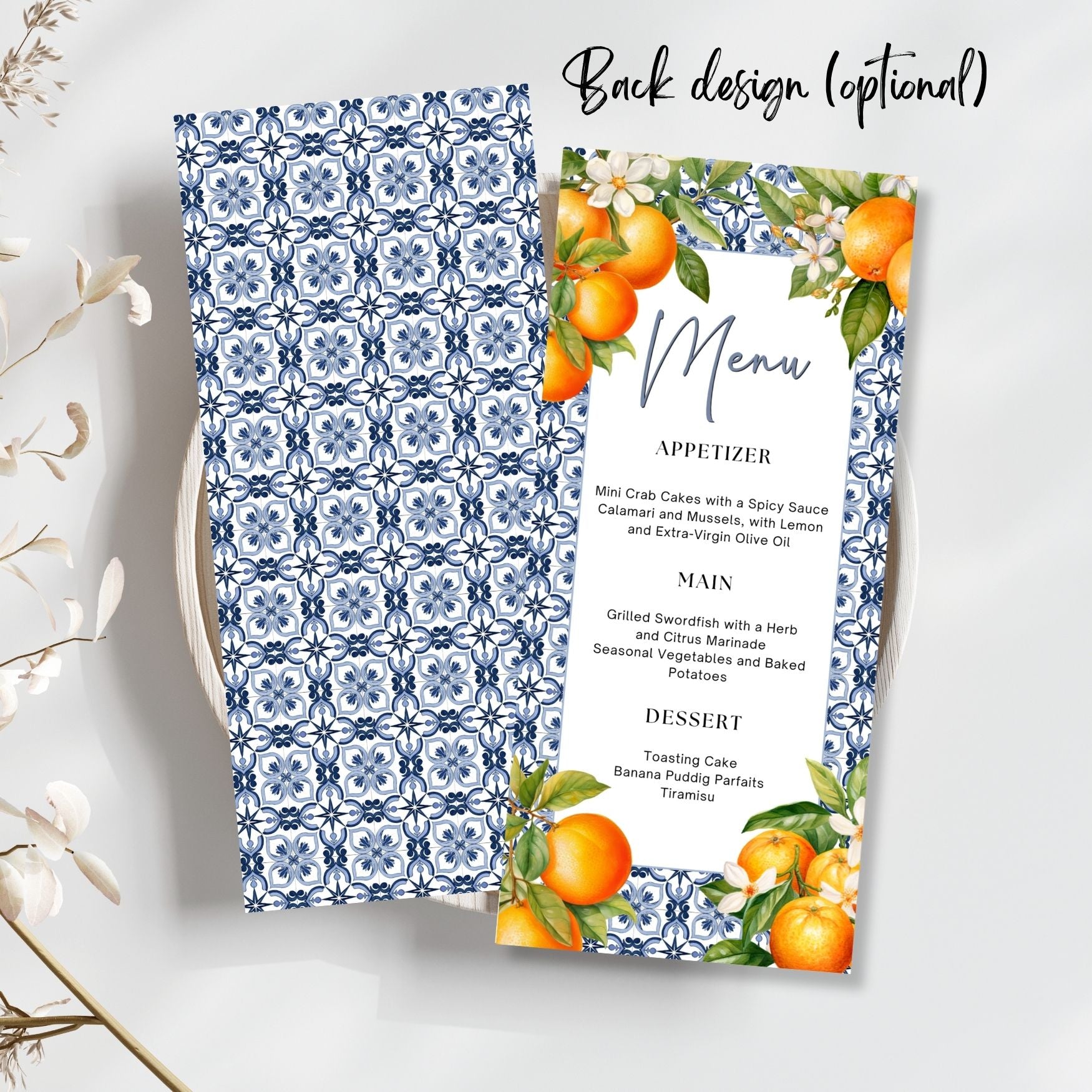Menu with blue Tile floral pattern and orange-themed design on a white background