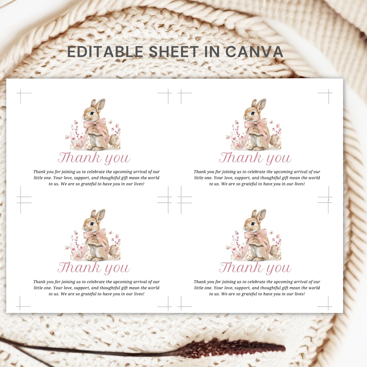 Thank you card template with bunnies and editable text in Canva on a textured background.