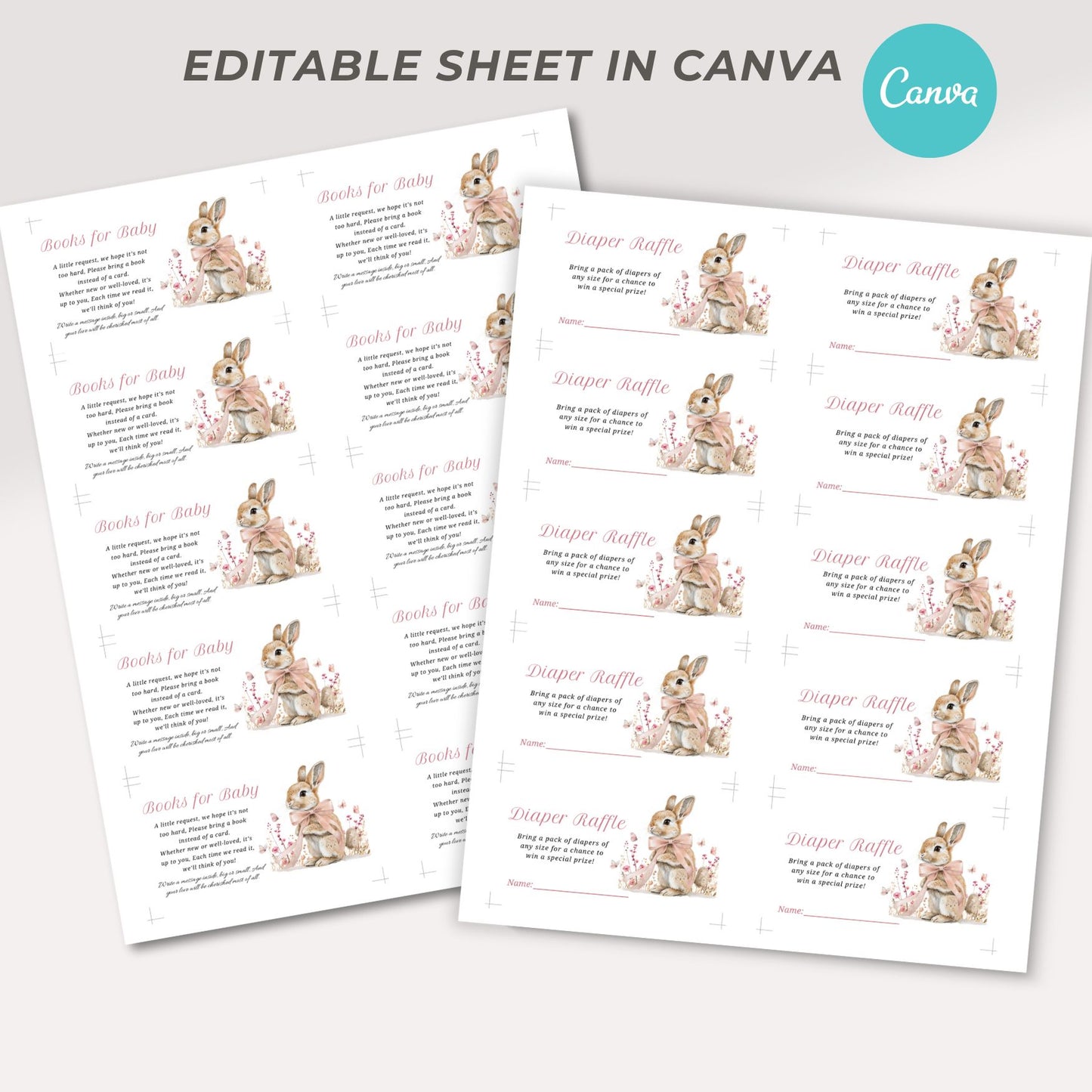 Two sheets of paper with baby shower invitations featuring bunnies and text, branded with Canva.