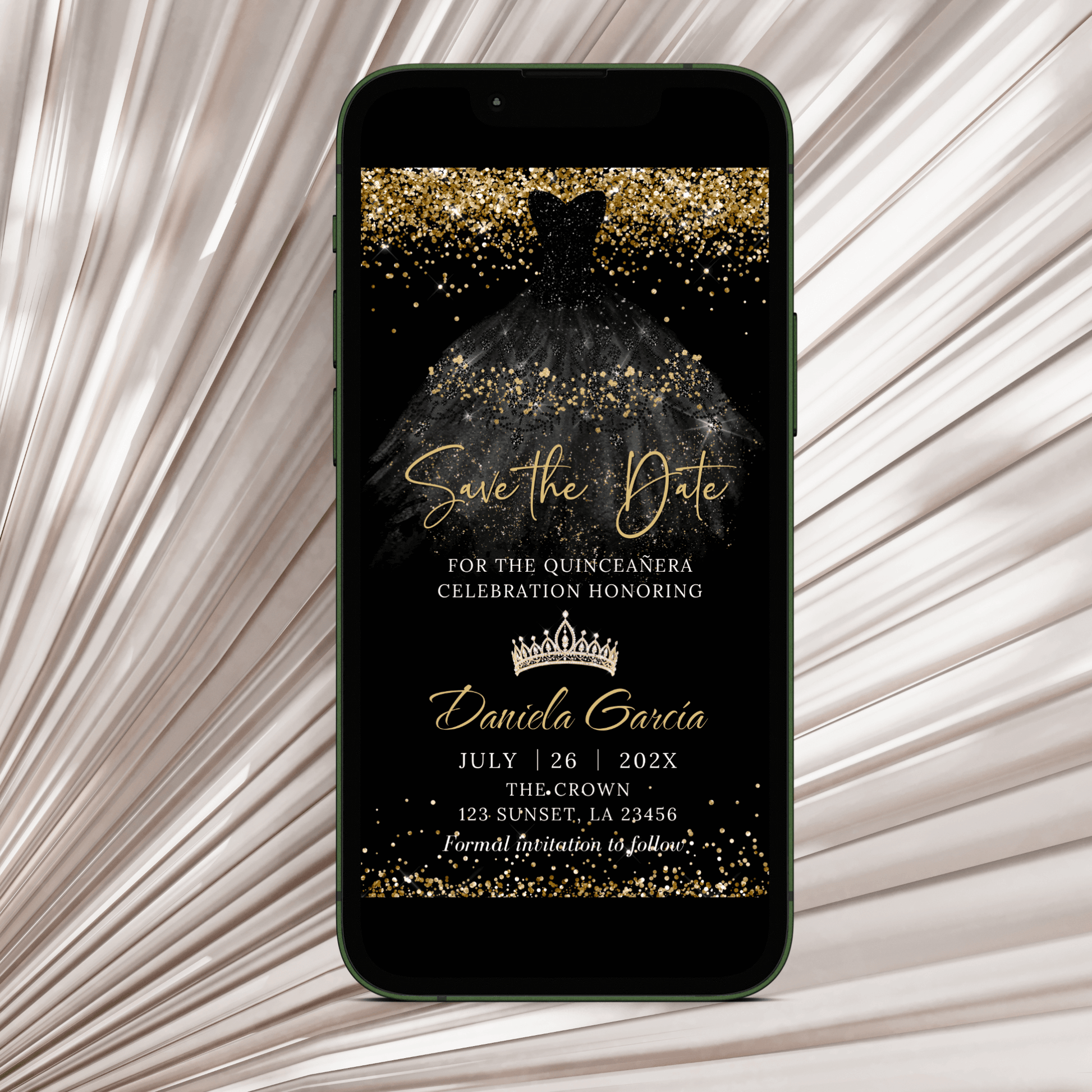 Black and Gold Princess Dress Quinceanera Save the Date Invitation template