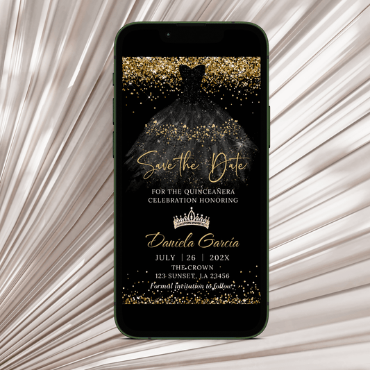 Black and Gold Princess Dress Quinceanera Save the Date Invitation template