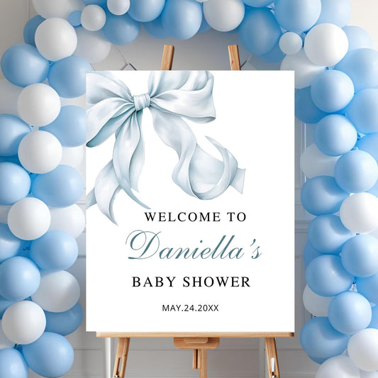 Elegant Bow Baby shower  welcome sign with blue and white balloons