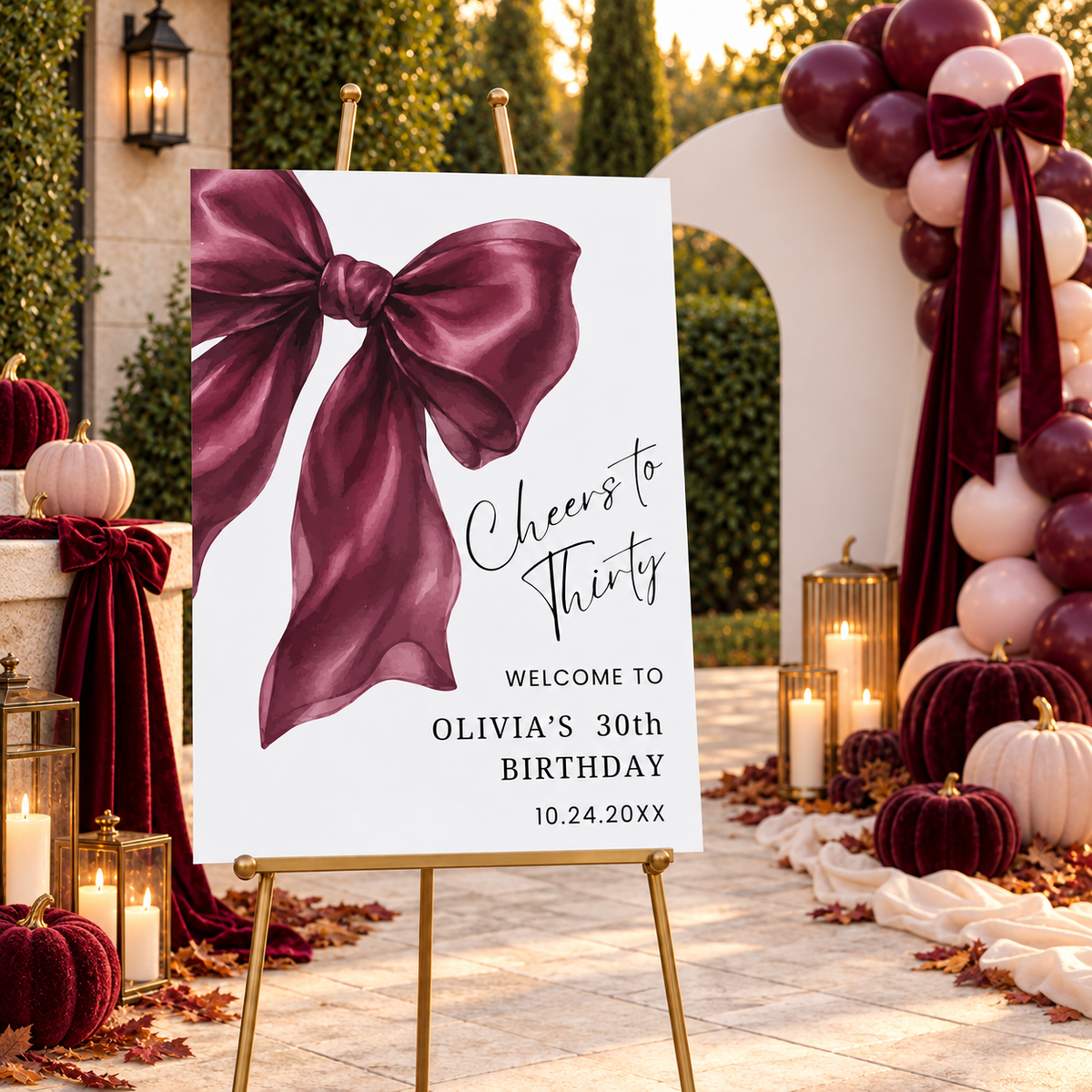 Elegant Burgundy Coquette Bow Birthday Welcome Sign featuring a striking burgundy bow and elegant typography.