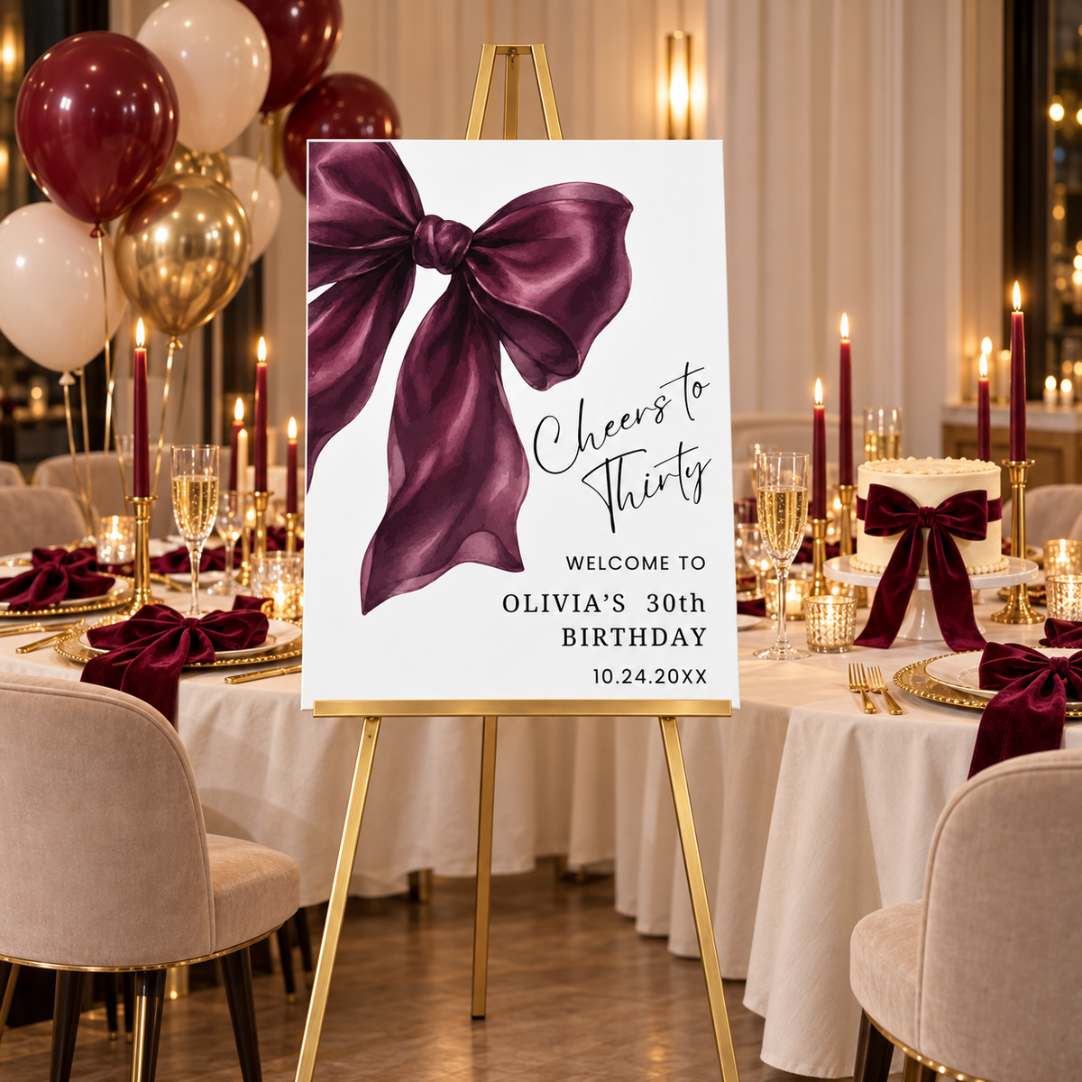 Elegant Burgundy Coquette Bow Birthday Welcome Sign displayed at a beautiful birthday celebration.