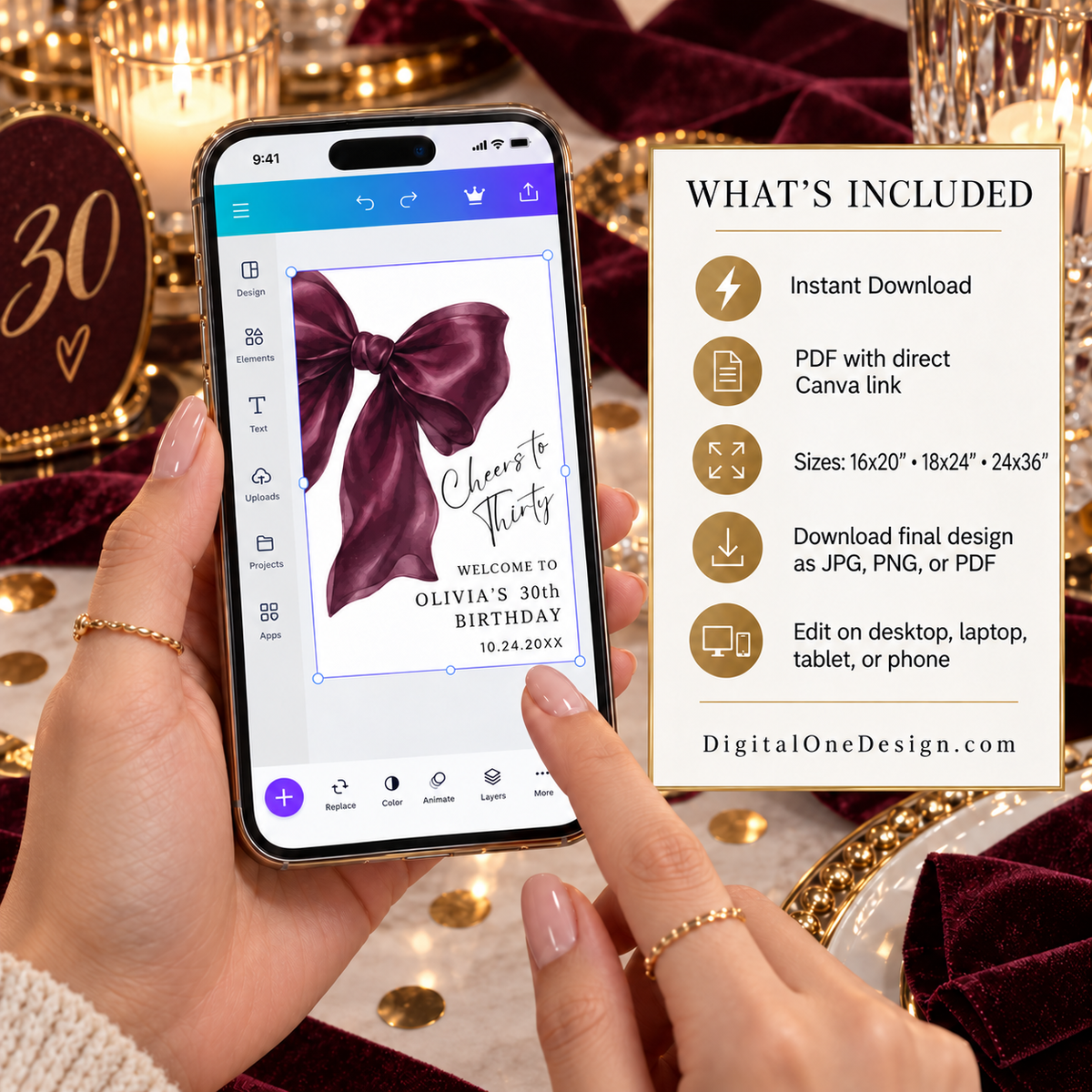 Elegant Burgundy Coquette Bow Birthday Welcome Sign displayed on a smartphone with editing options shown.
