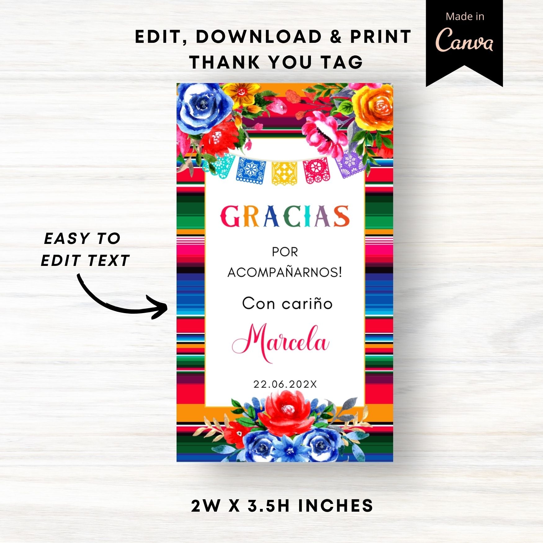 Colorful 'Gracias' thank you tag with flowers and text on a white background