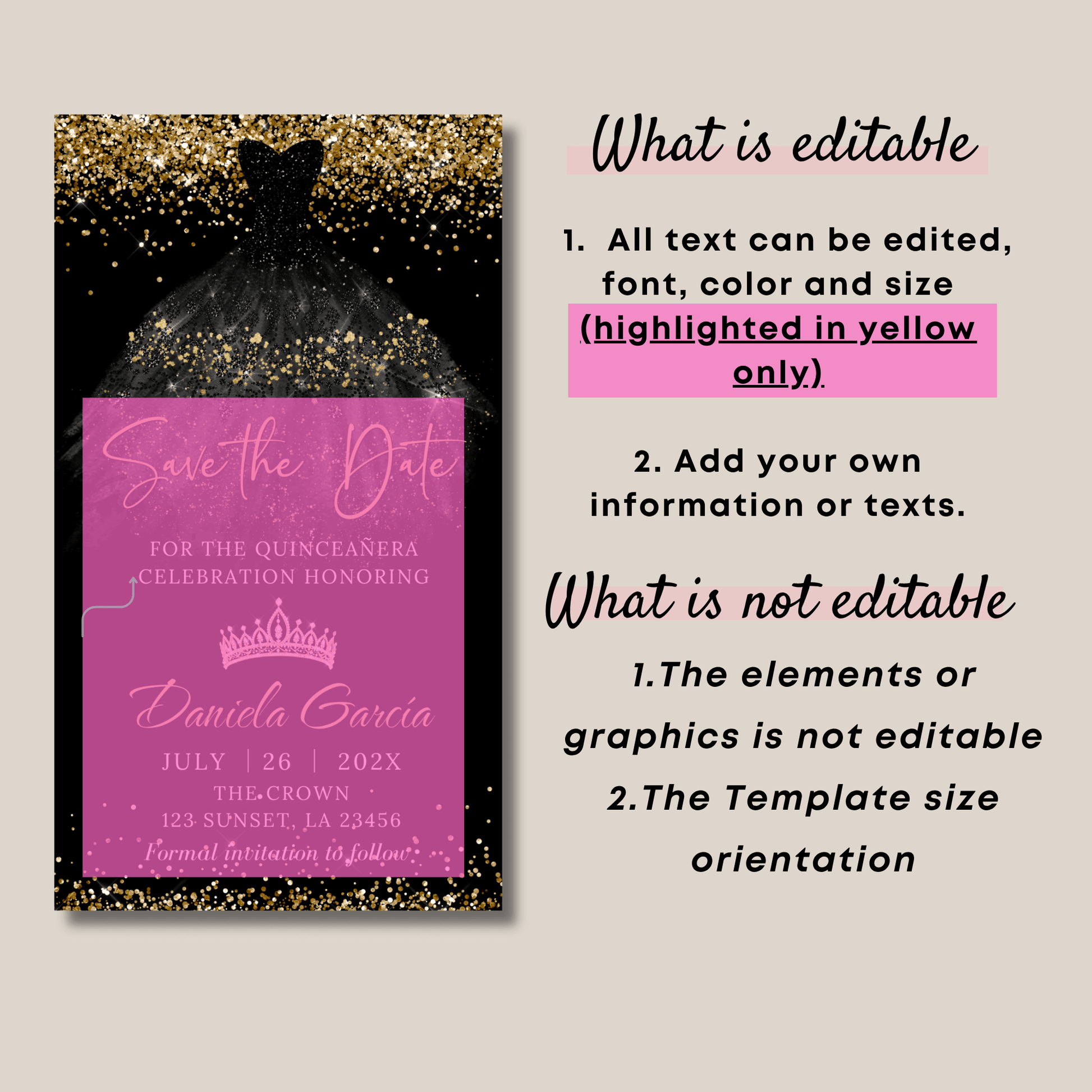 Editable Black and Gold 15th Birthday Save the Date Invitation