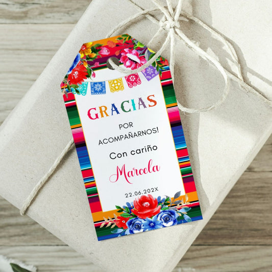 Spanish Thank you Gift tag with colorful floral ans Serape design and text on a wrapped gift.