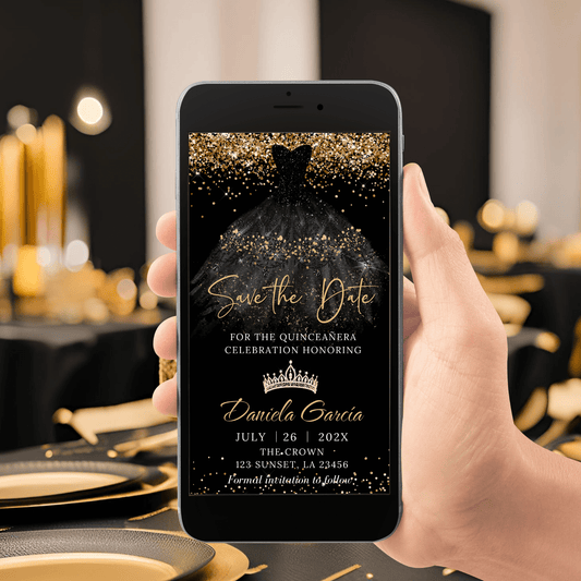 Editable Black and Gold Save the Date Invite