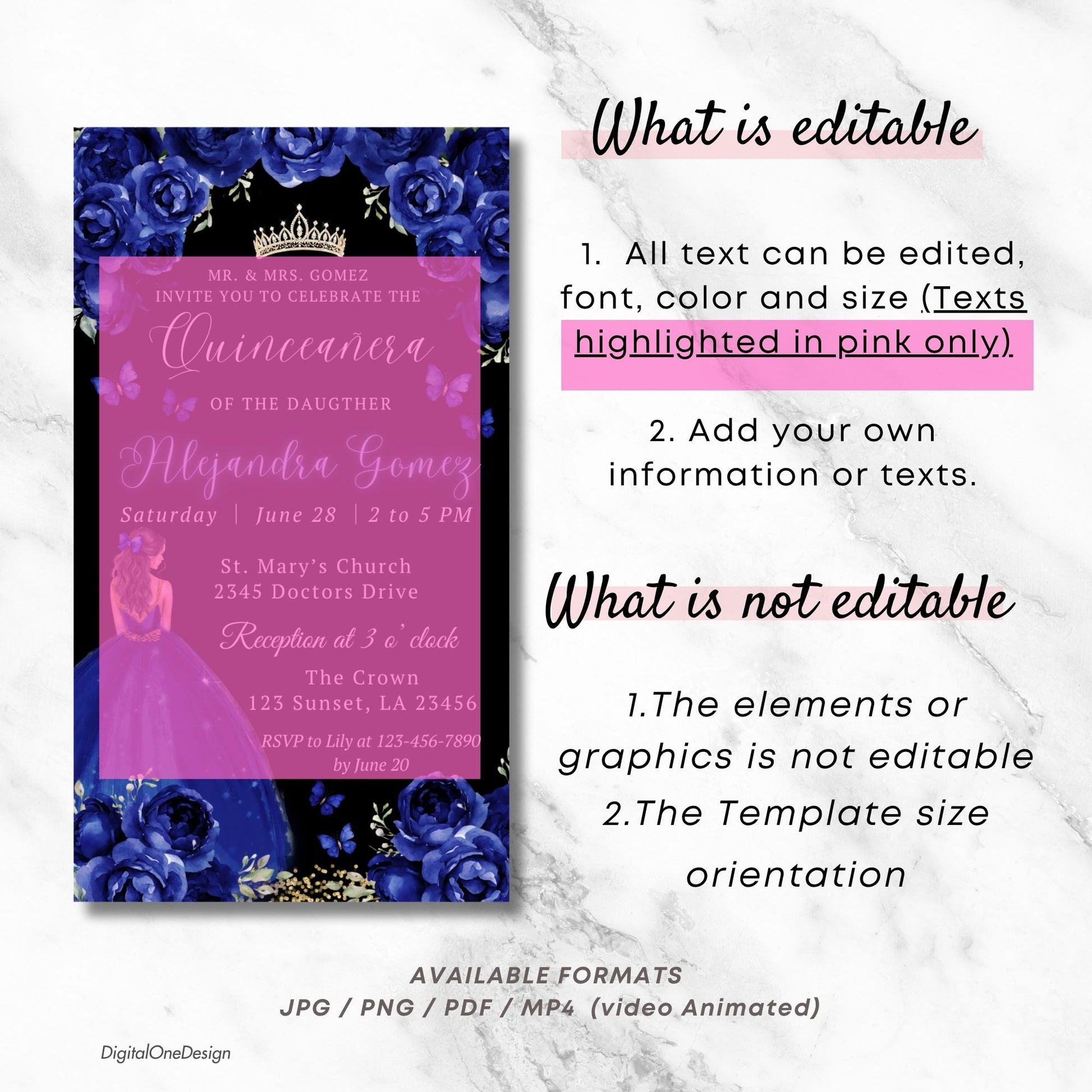 Editable quinceañera party invitation navy blue princess design