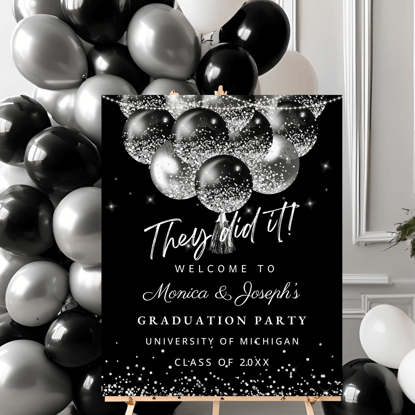 black and silver graduation welcome sign