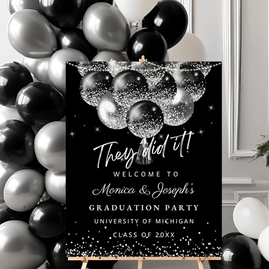black and silver graduation welcome sign