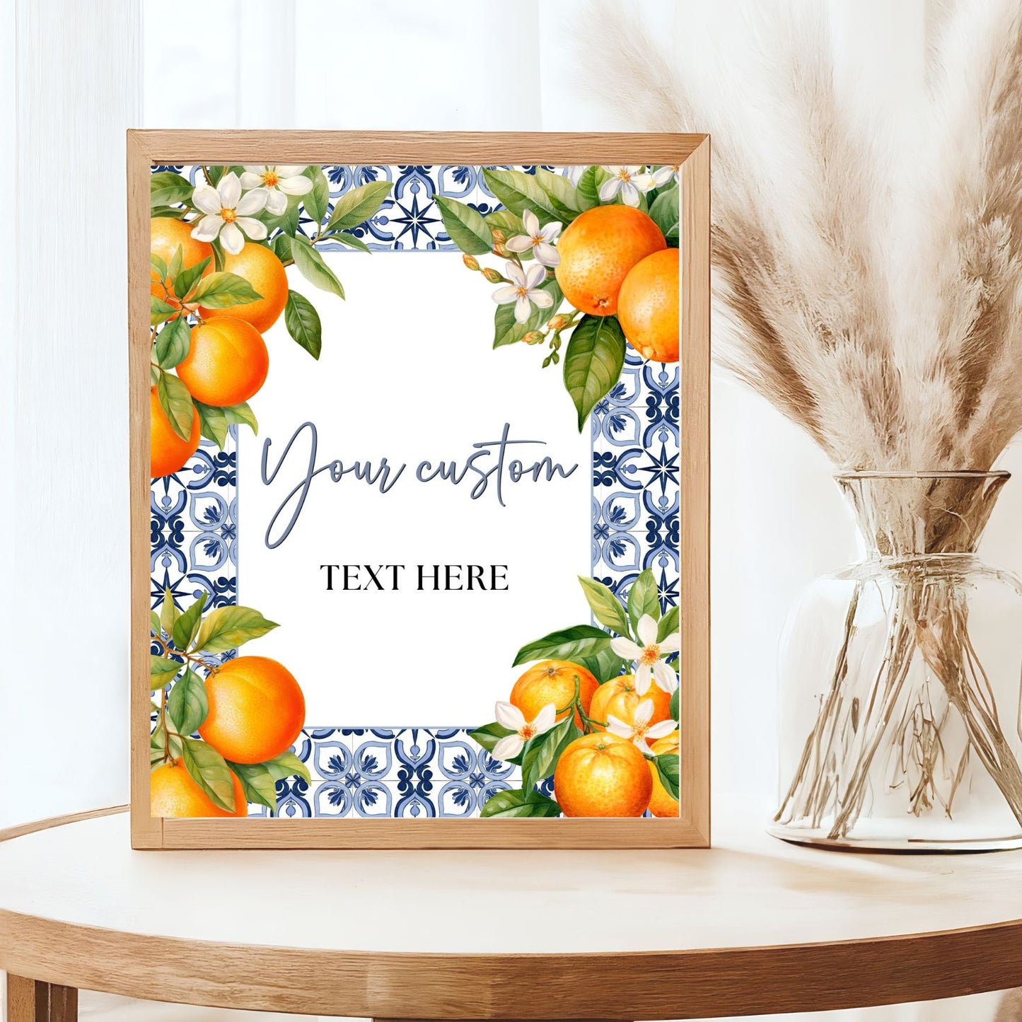 Framed artwork Mediterranean Bue tile with oranges and flowers on a table