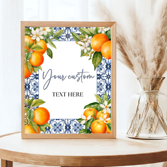 Framed artwork Mediterranean Bue tile with oranges and flowers on a table