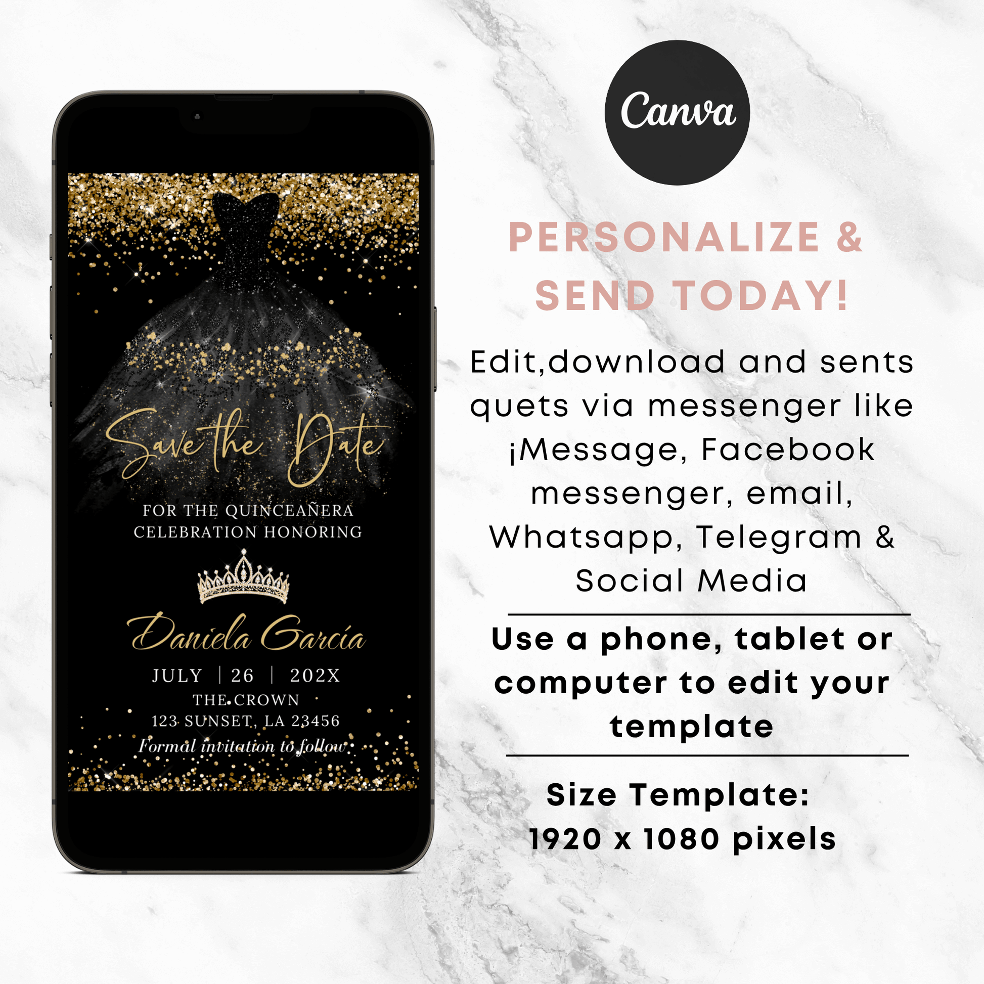 Editable Black Gold Quinceanera  Evite
