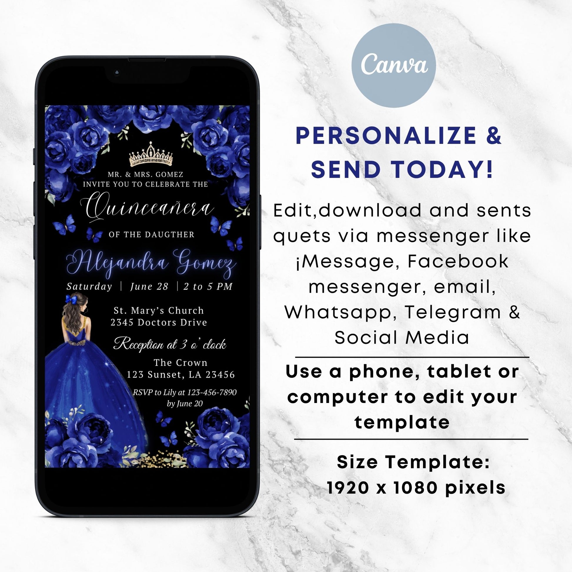 Editable floral princess theme quinceañera instant download