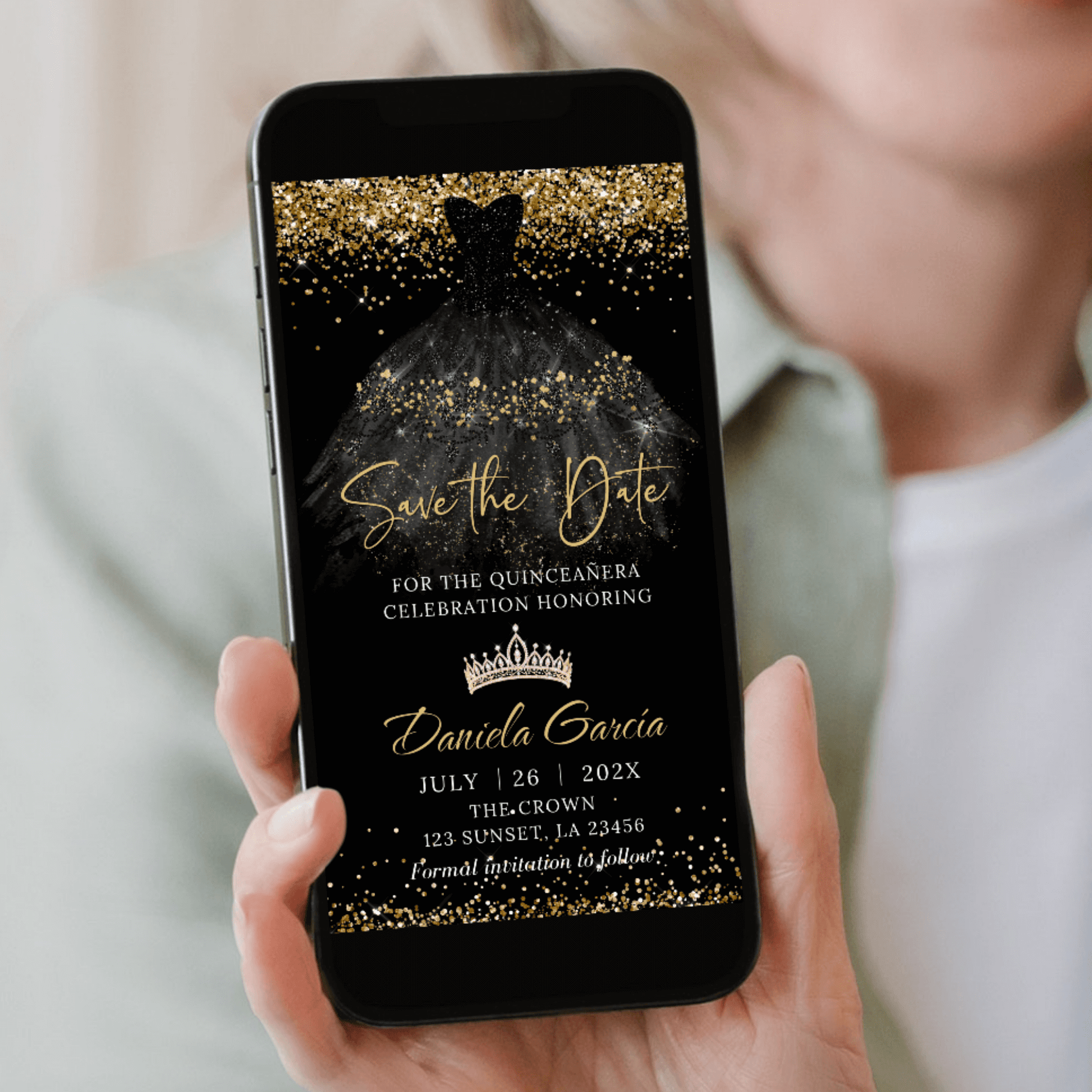 Black and Gold Quinceanera Party Save the date