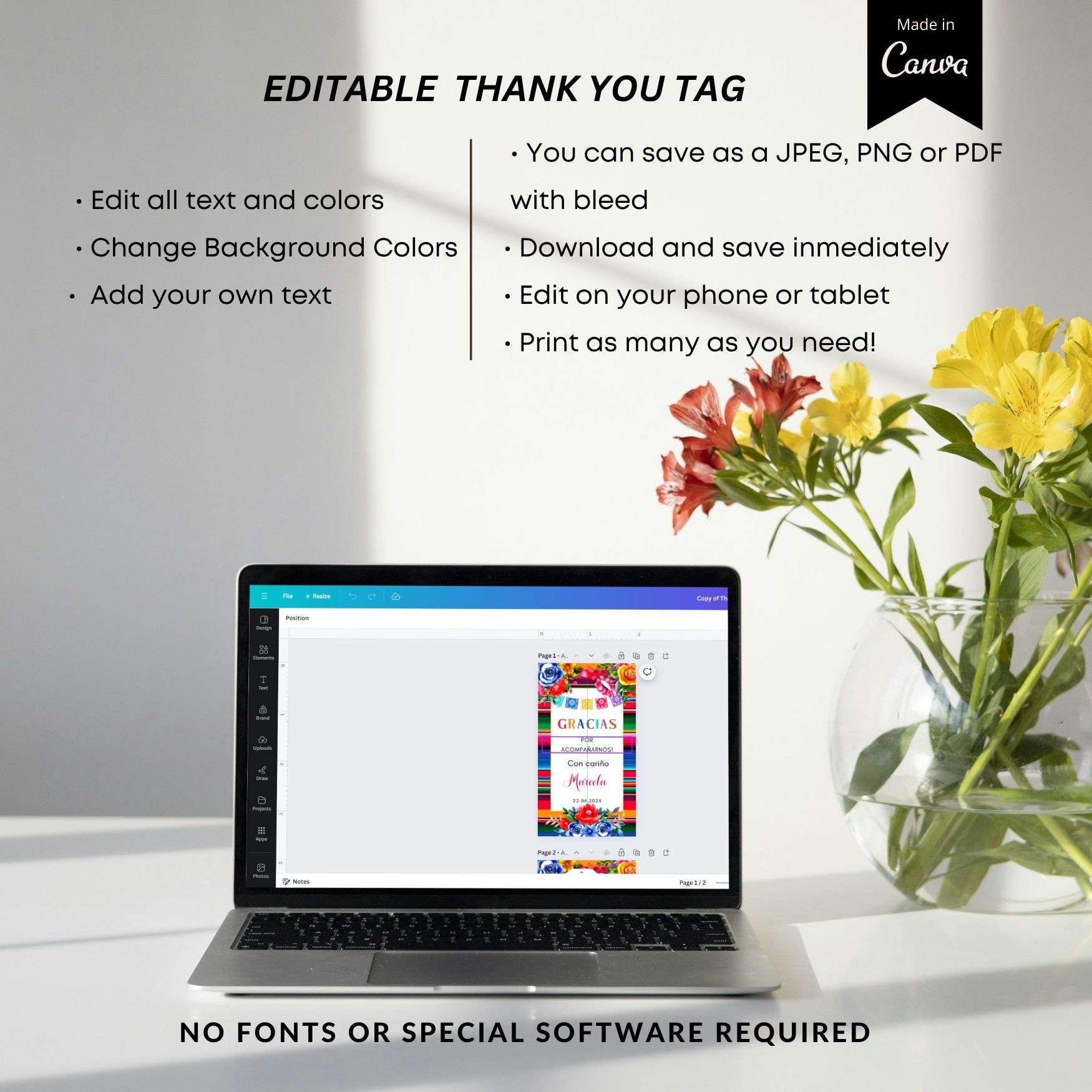Laptop displaying a design software with a colorful thank you tag on screen, next to a vase of flowers.