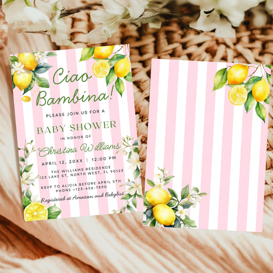 Pink Citrus Lemon Ciao Bambina Baby Shower Invitation Set