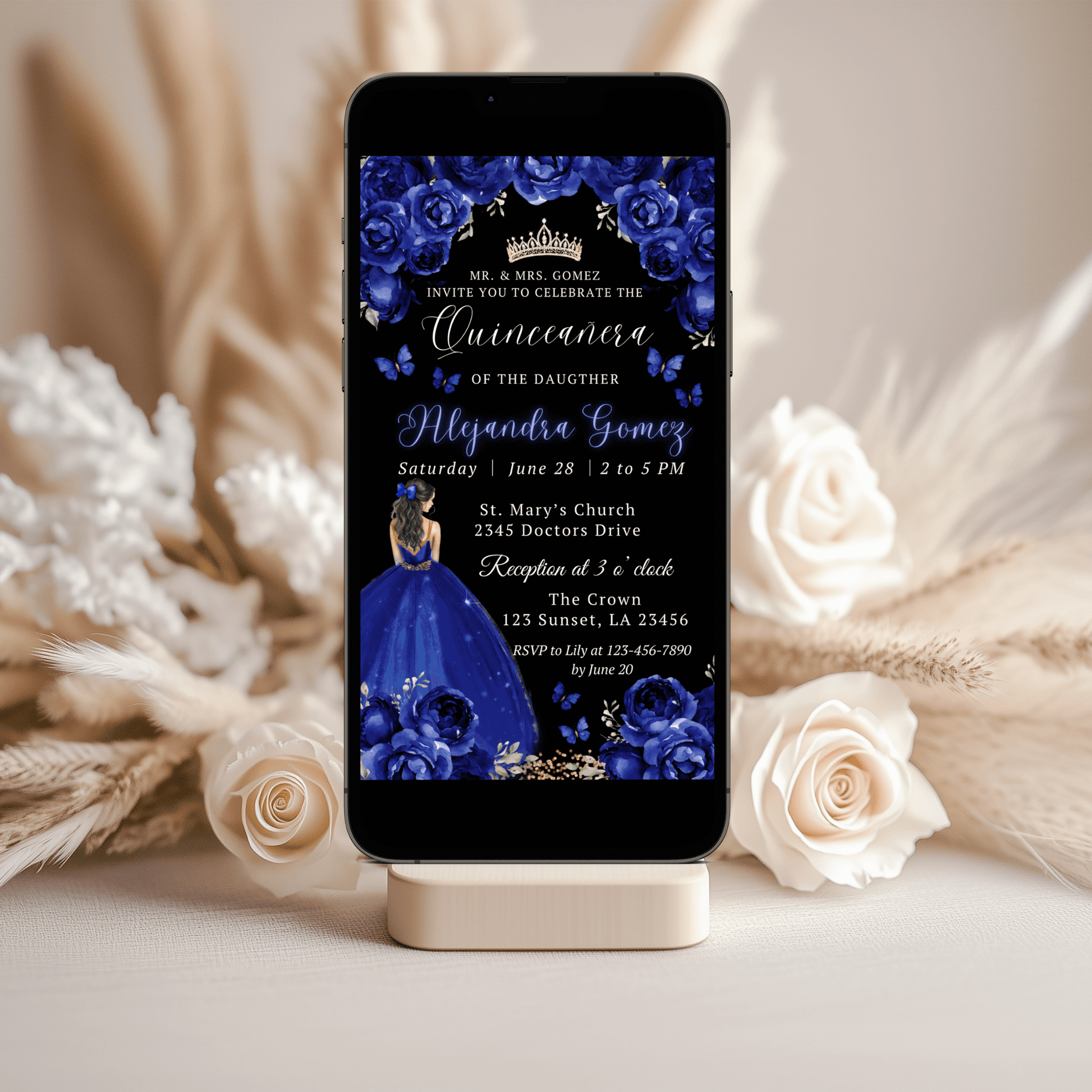 Navy blue Floral Princess quinceañera invitation