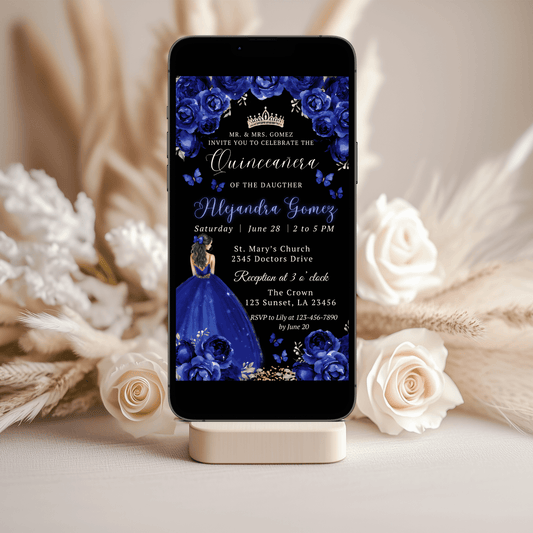 Navy blue Floral Princess quinceañera invitation