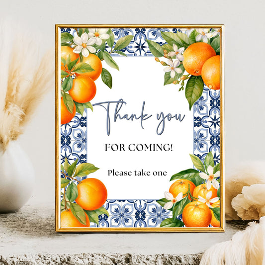 Decorative sign with Mediterranean and oranges, flowers, and a 'Thank you for coming' message on a patterned background.