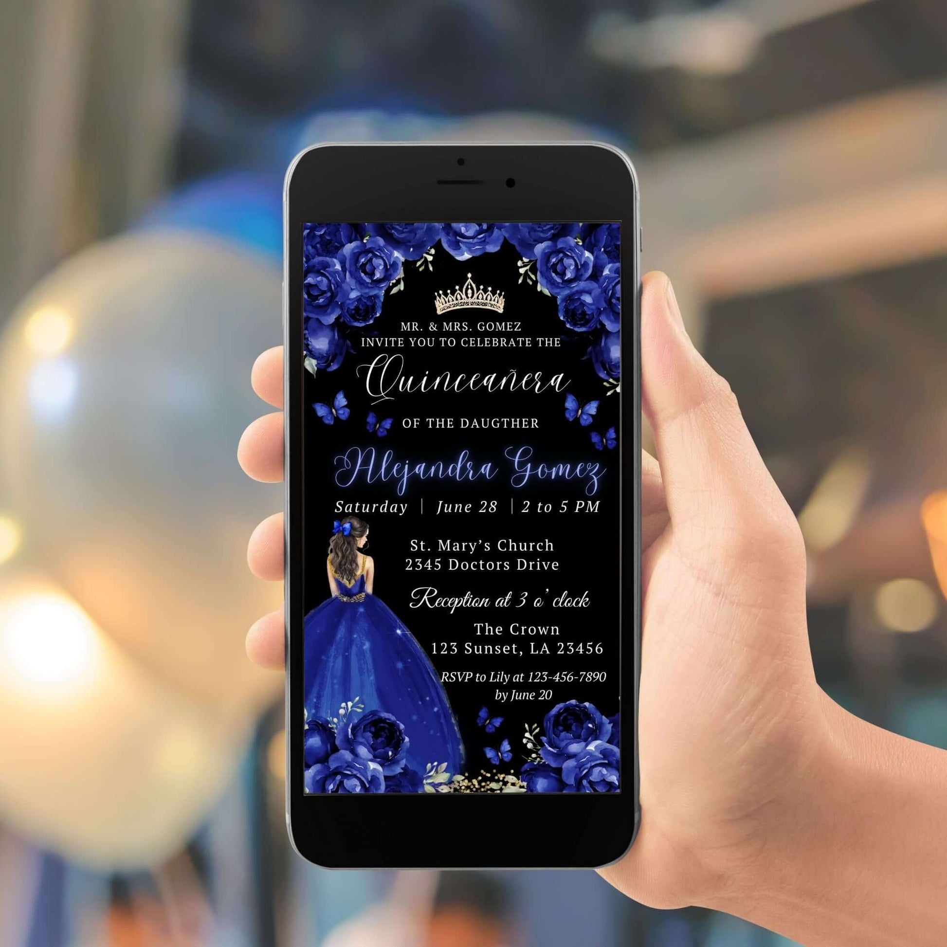 Editable navy blue princess quinceañera birthday invitation