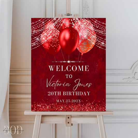Elegant red balloons birthday party welcome sign for Victoria Jones' 20th birthday celebration.