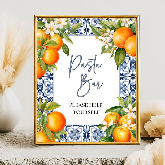 Decorative sign with Mediterranean and oranges, flowers, and text on a patterned background