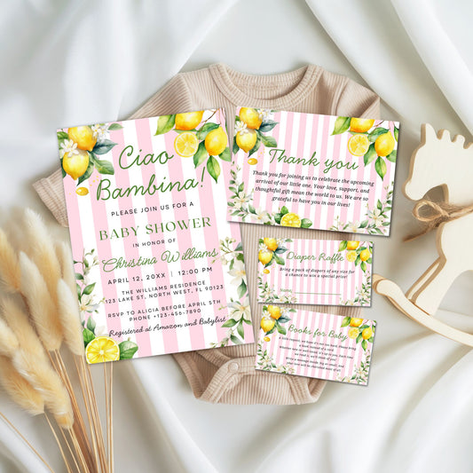Pink Citrus Lemon Ciao Bambina Baby Shower Invitation Set