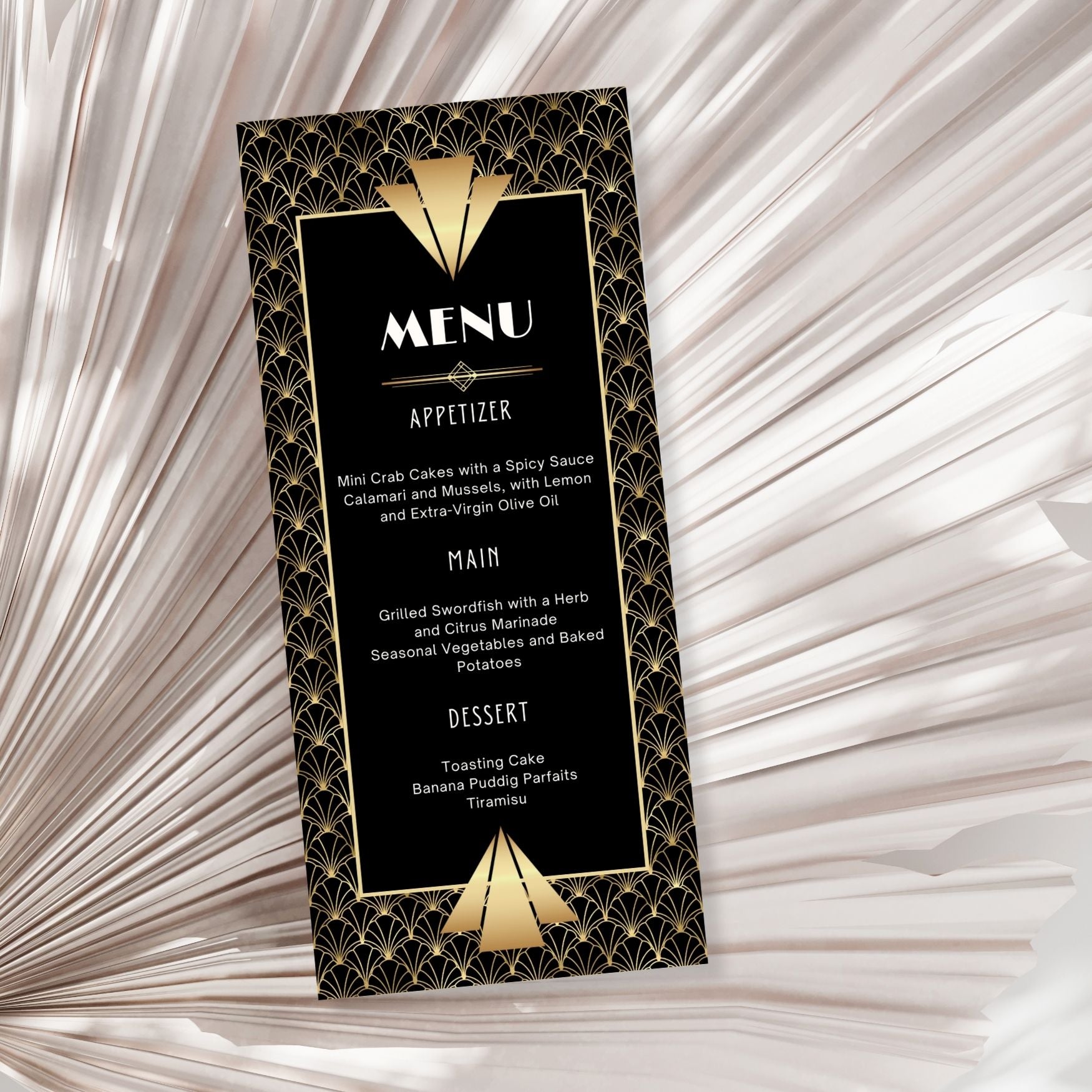 Decorative Roaring 20s menu card with gold and black design on a textured white background