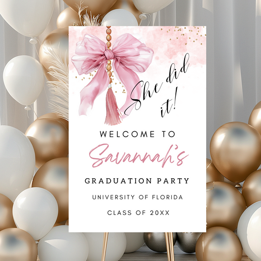 Elegant Pink Bow Graduation Welcome Sign