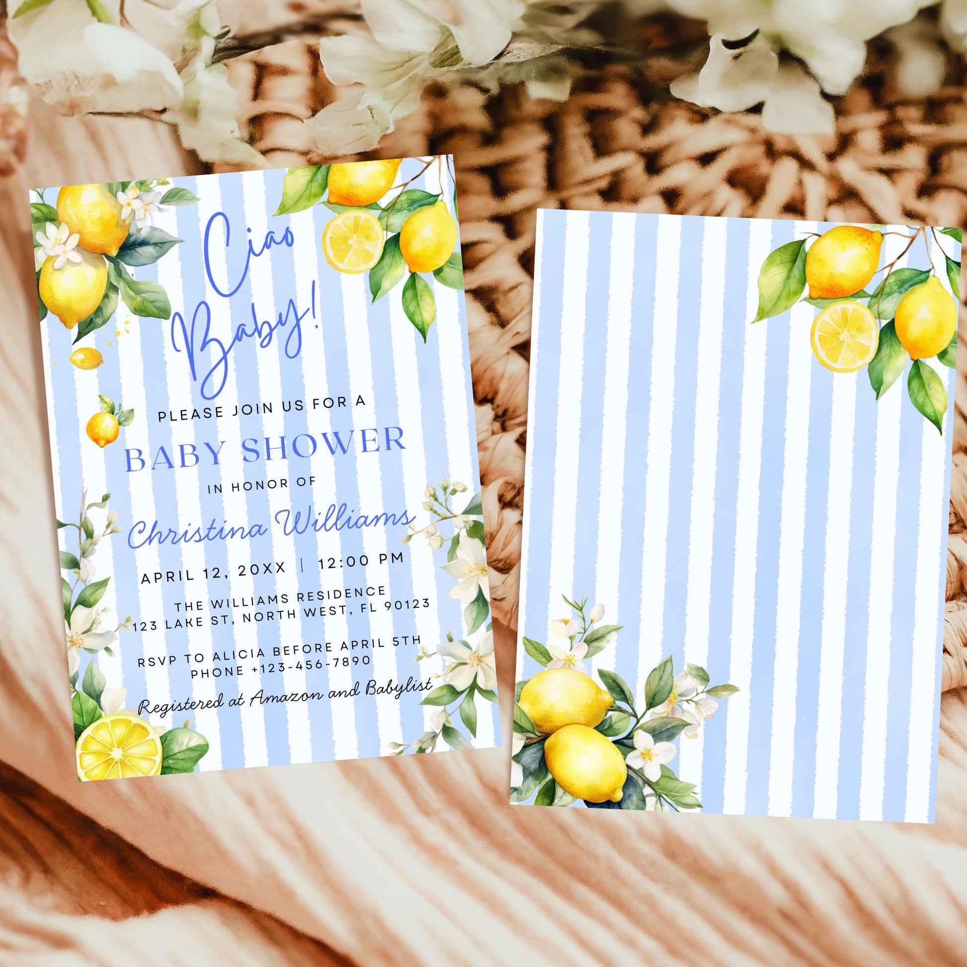 Ciao Baby Theme Blue Stripe and Lemons Baby Shower Bundle