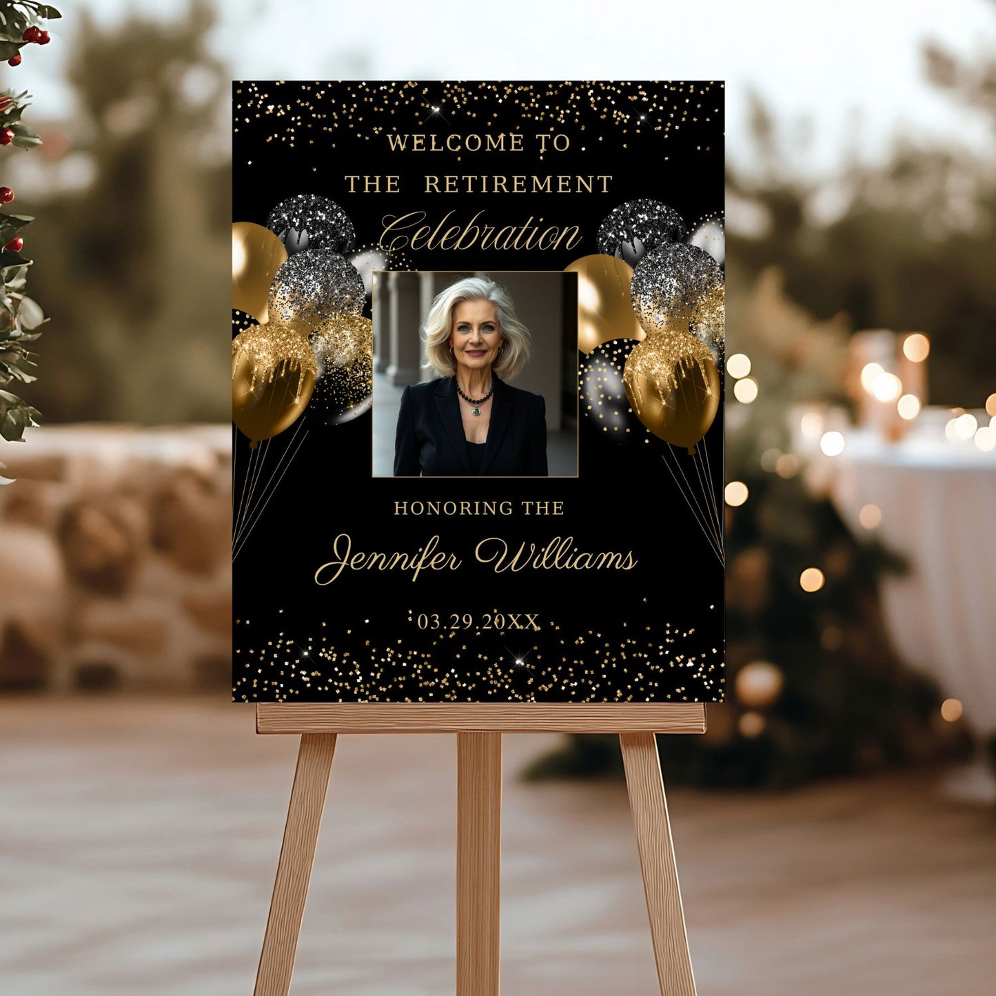 Editable Black and Gold Retirement Welcome Sign with photo