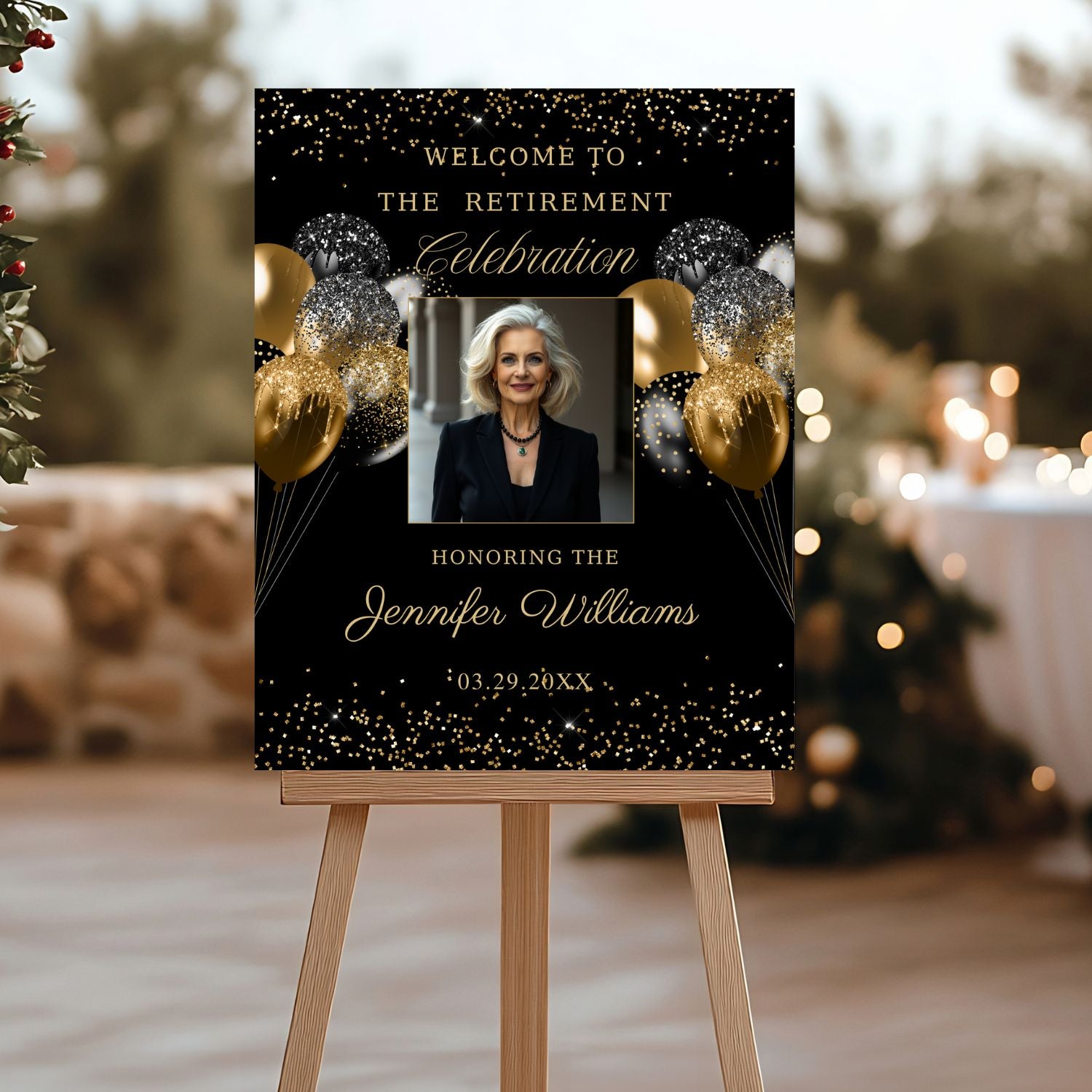 Editable Black and Gold Retirement Welcome Sign with photo