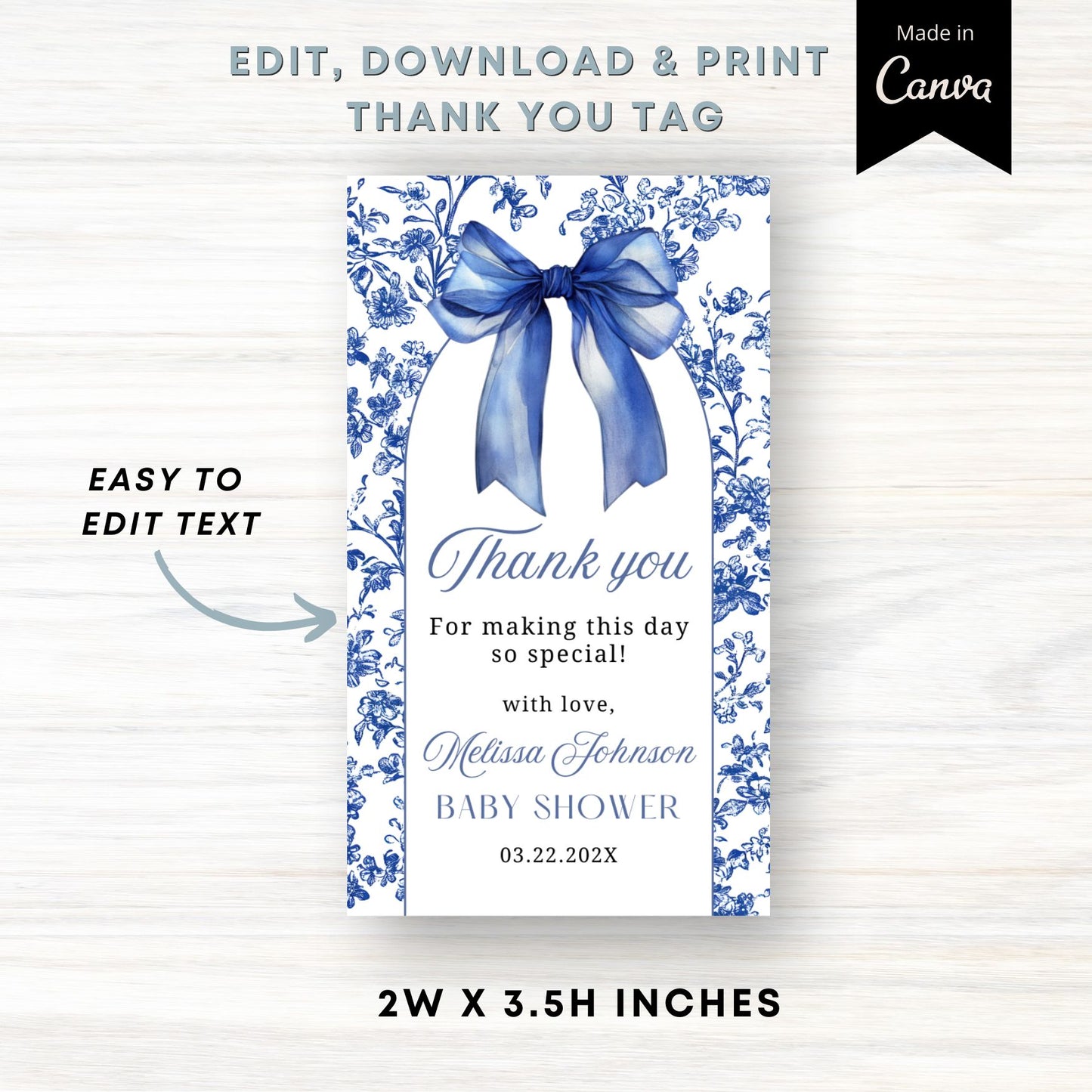 Thank you tag with blue bow and floral design, editable in Canva