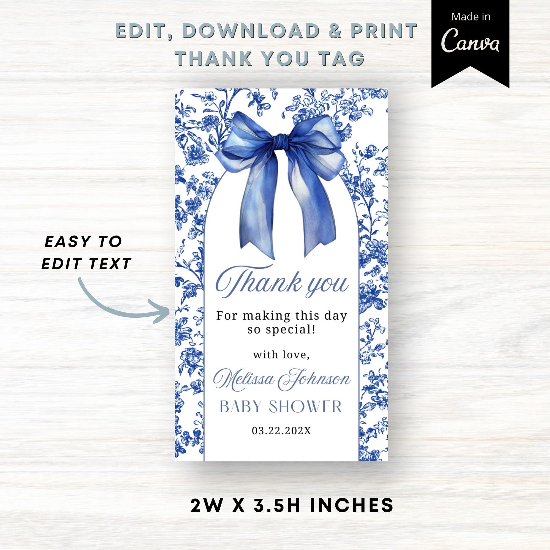 Thank you tag with blue bow and floral design, editable in Canva