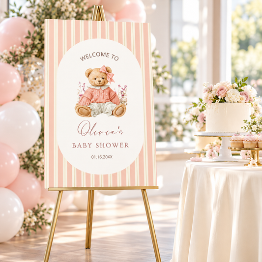Pink Teddy Bear Baby Shower Welcome Sign Template featuring a cute teddy bear and floral accents.