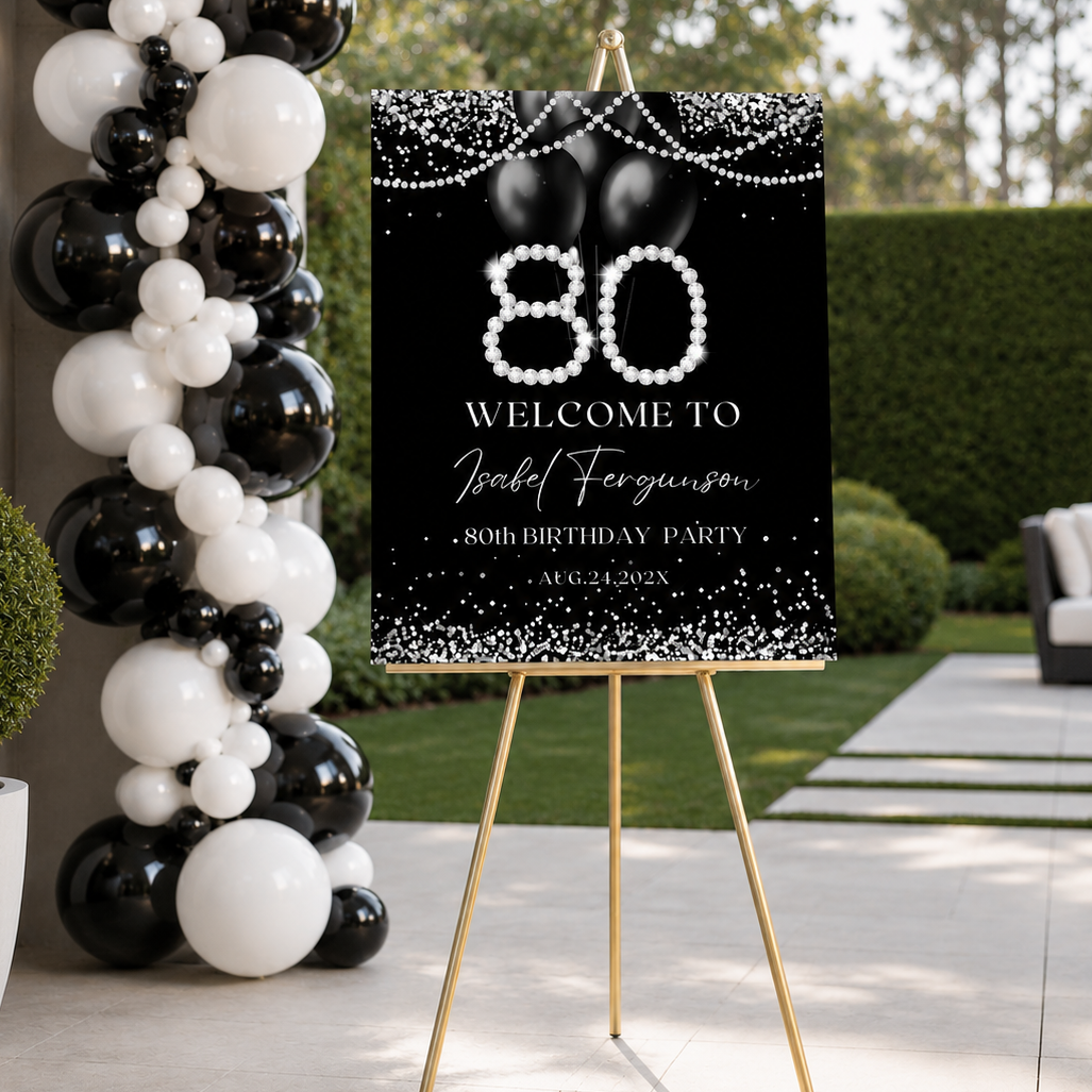 Elegant 80th Birthday Welcome Sign Template on display with black and silver balloons at a stylish party entrance.